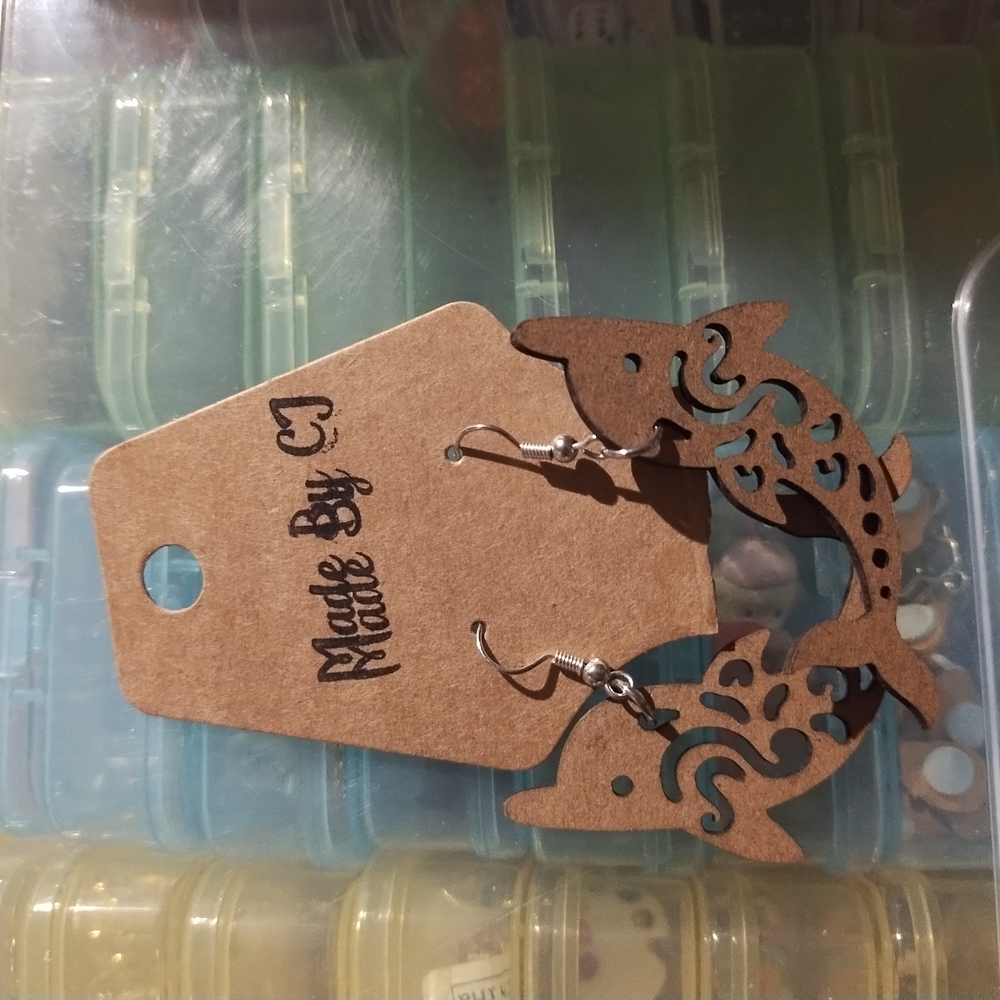 *Wooden Dolphin Earrings - Brown and Silver